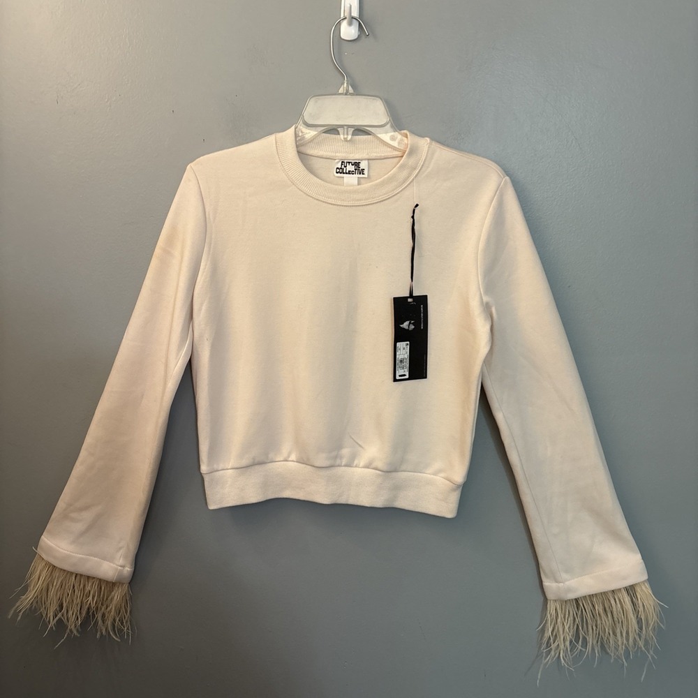 Future Collective Light Pink Crewneck Crop Boho Top Feather Trim Sleeves Size XS